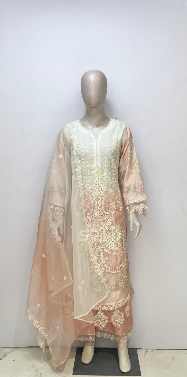 Ivory Peach Embroidered Kurta Set