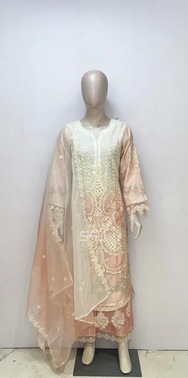 Ivory Peach Embroidered Kurta Set - MishUUU
