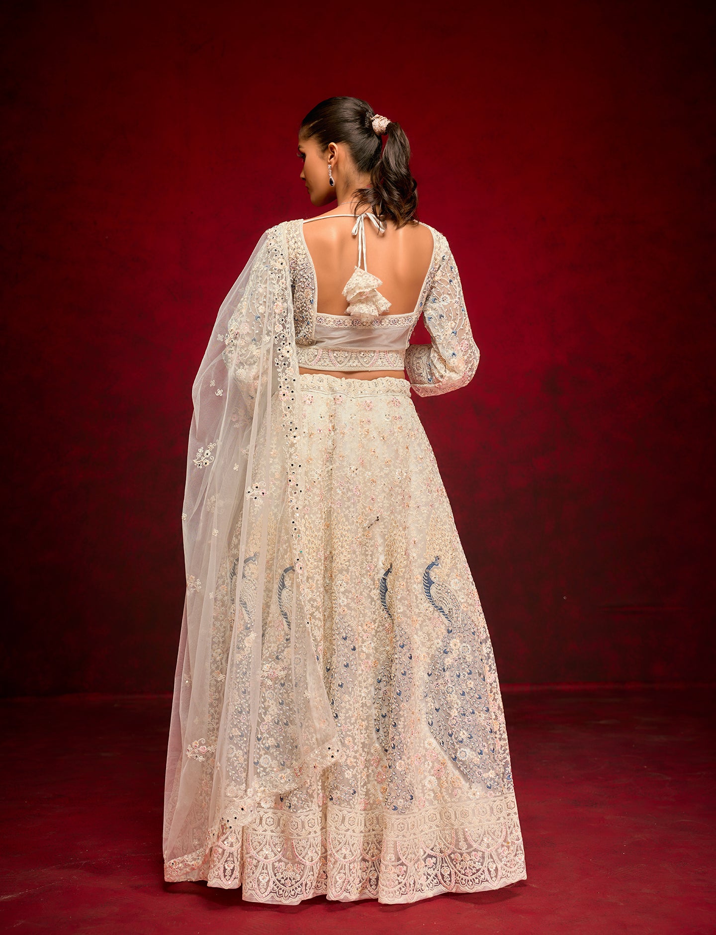 Ivory Handcrafted Lehenga with Sequins & Net Dupatta