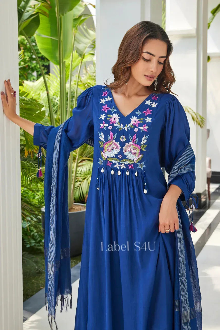 Navy Blue Embroidered Kurta Dupatta Set | Label S4U - MishUUU