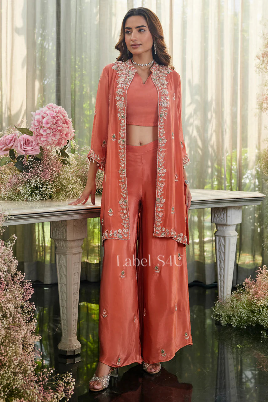 Coral Peach Palazzo with Handcrafted Long Jacket | Label S4U