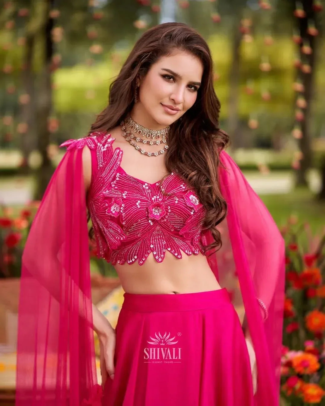 Hot Pink Statement Lehenga with Cape Dupatta - MishUUU