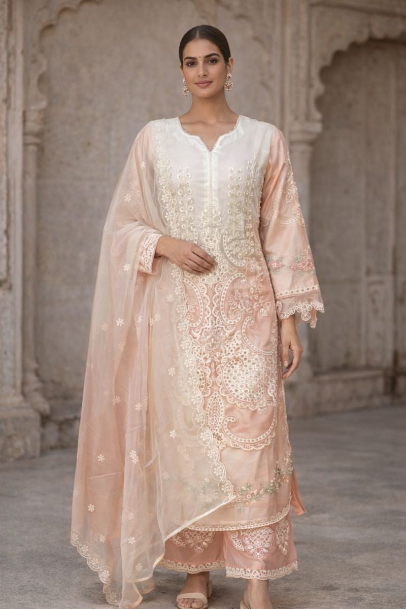 Ivory Peach Embroidered Kurta Set