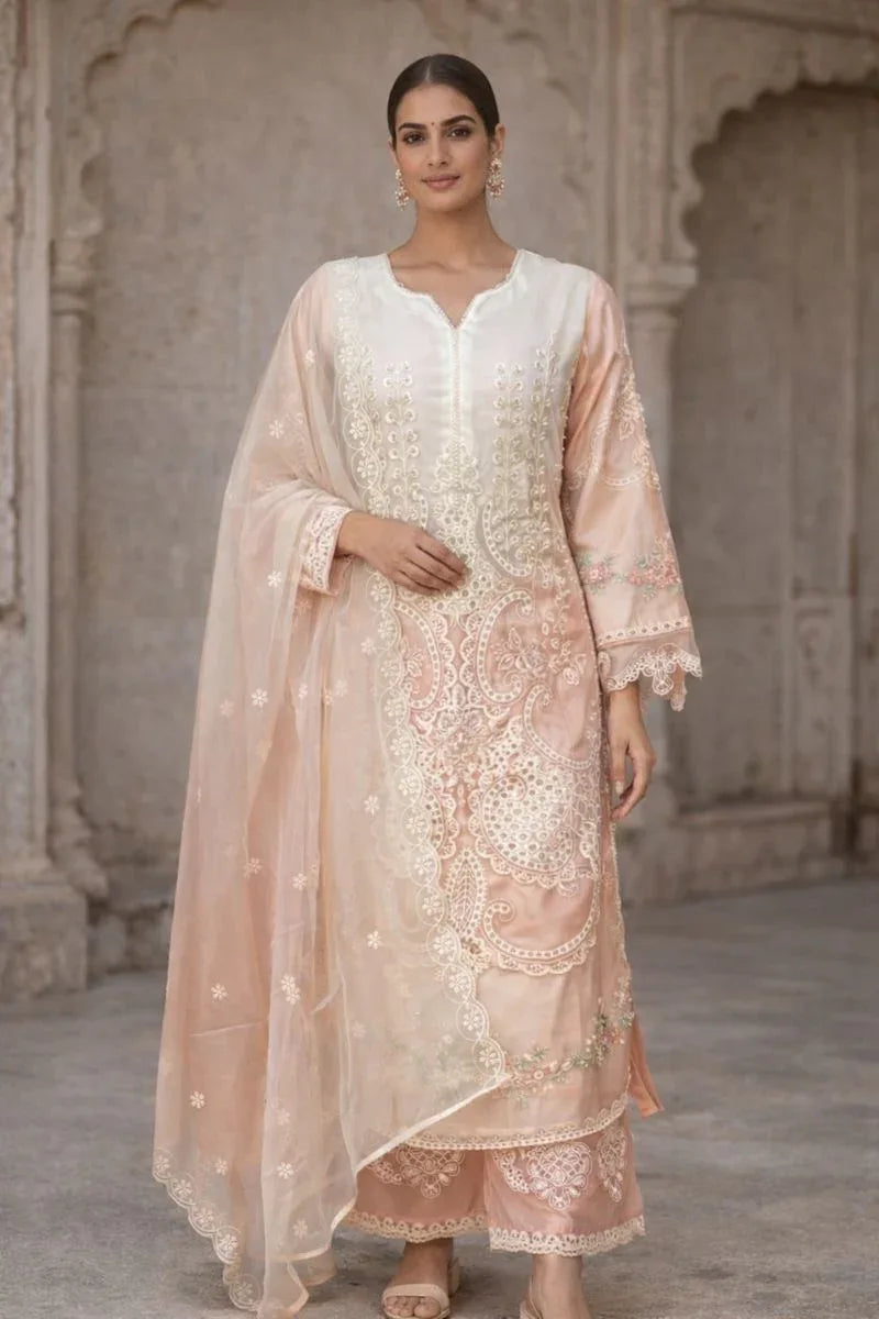 Ivory Peach Embroidered Kurta Set - MishUUU