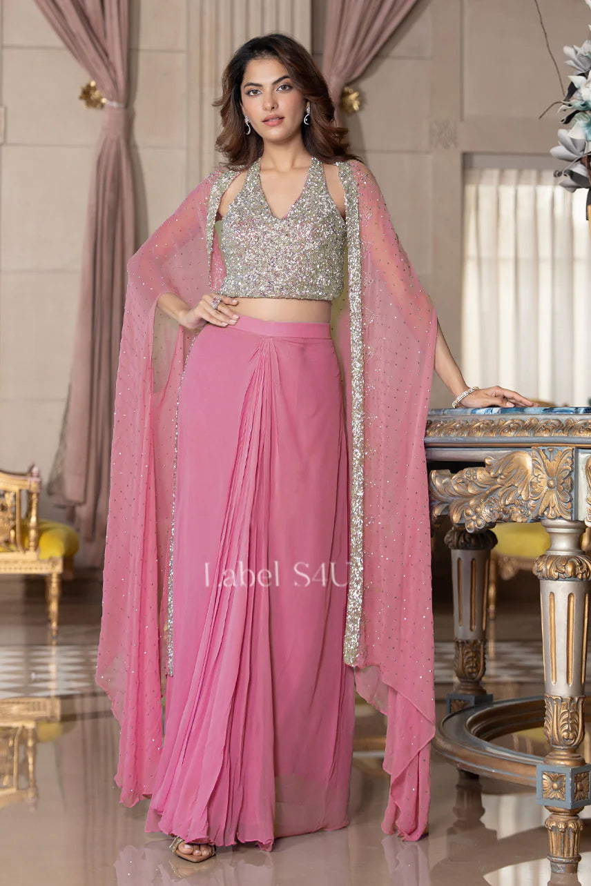 Rose Silver Cape Saree Set
