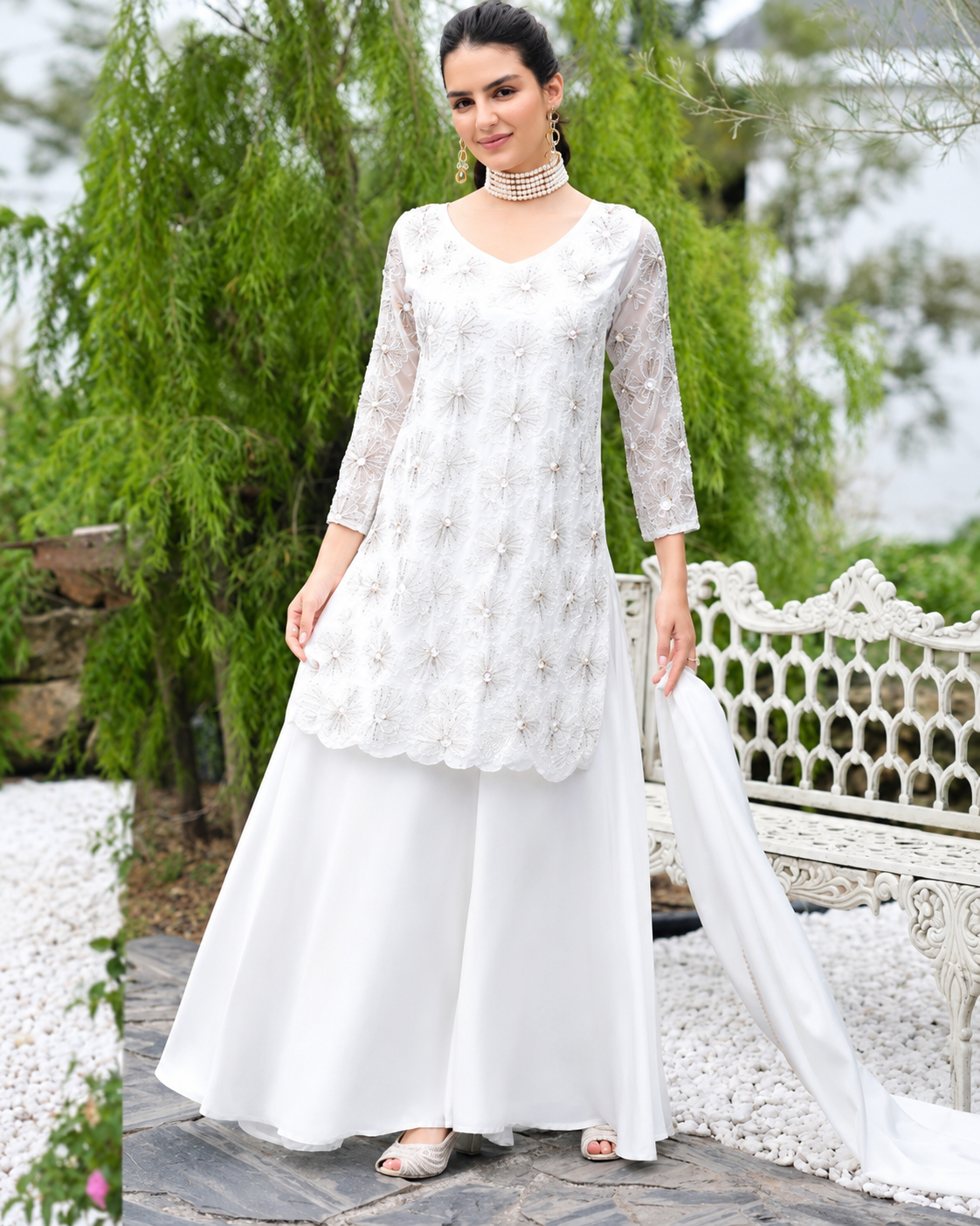 Pearl White Embroidered Sharara Set