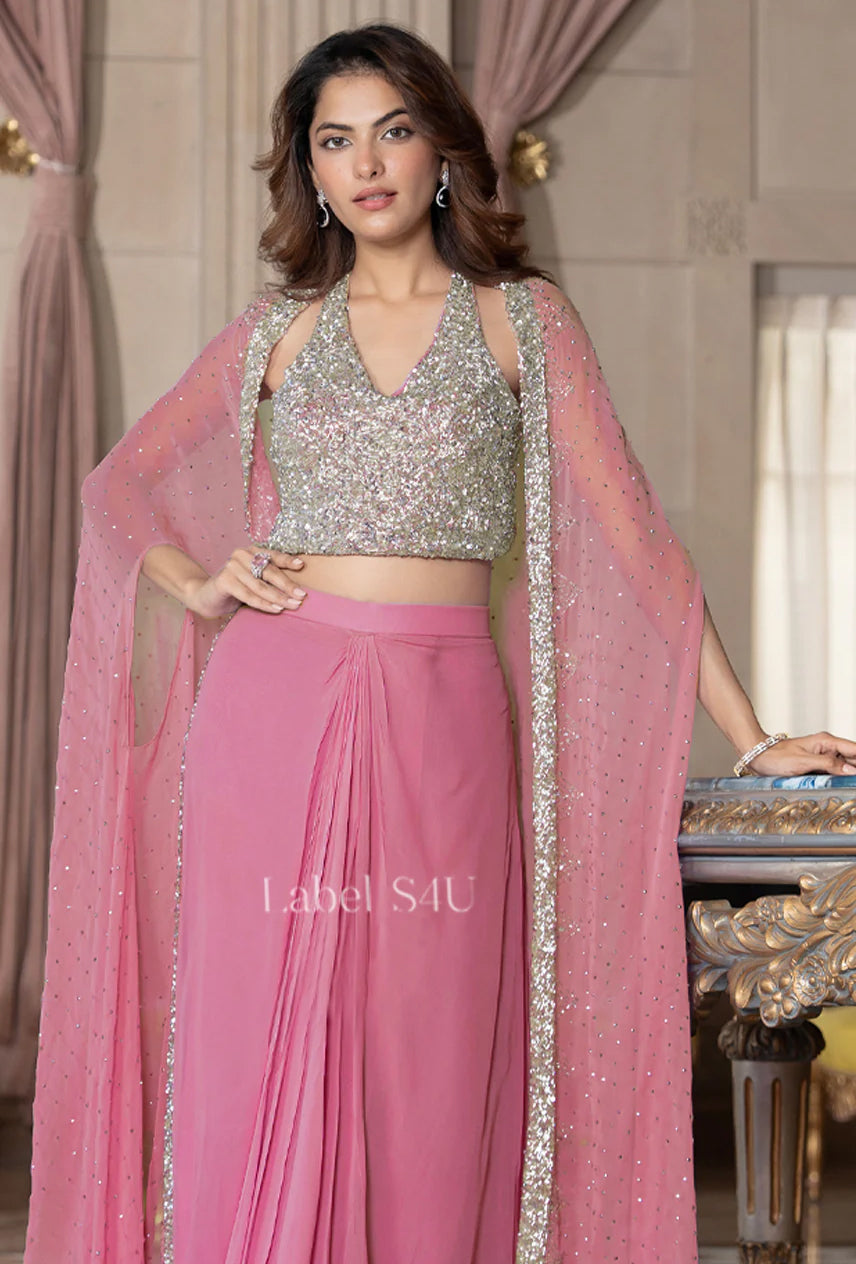 Rose Silver Cape Saree Set