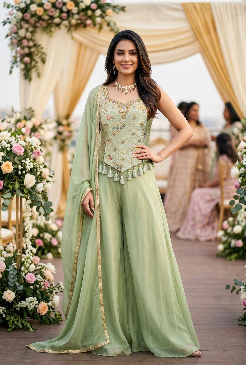 Sage Pearl Embroidered Palazzo Set