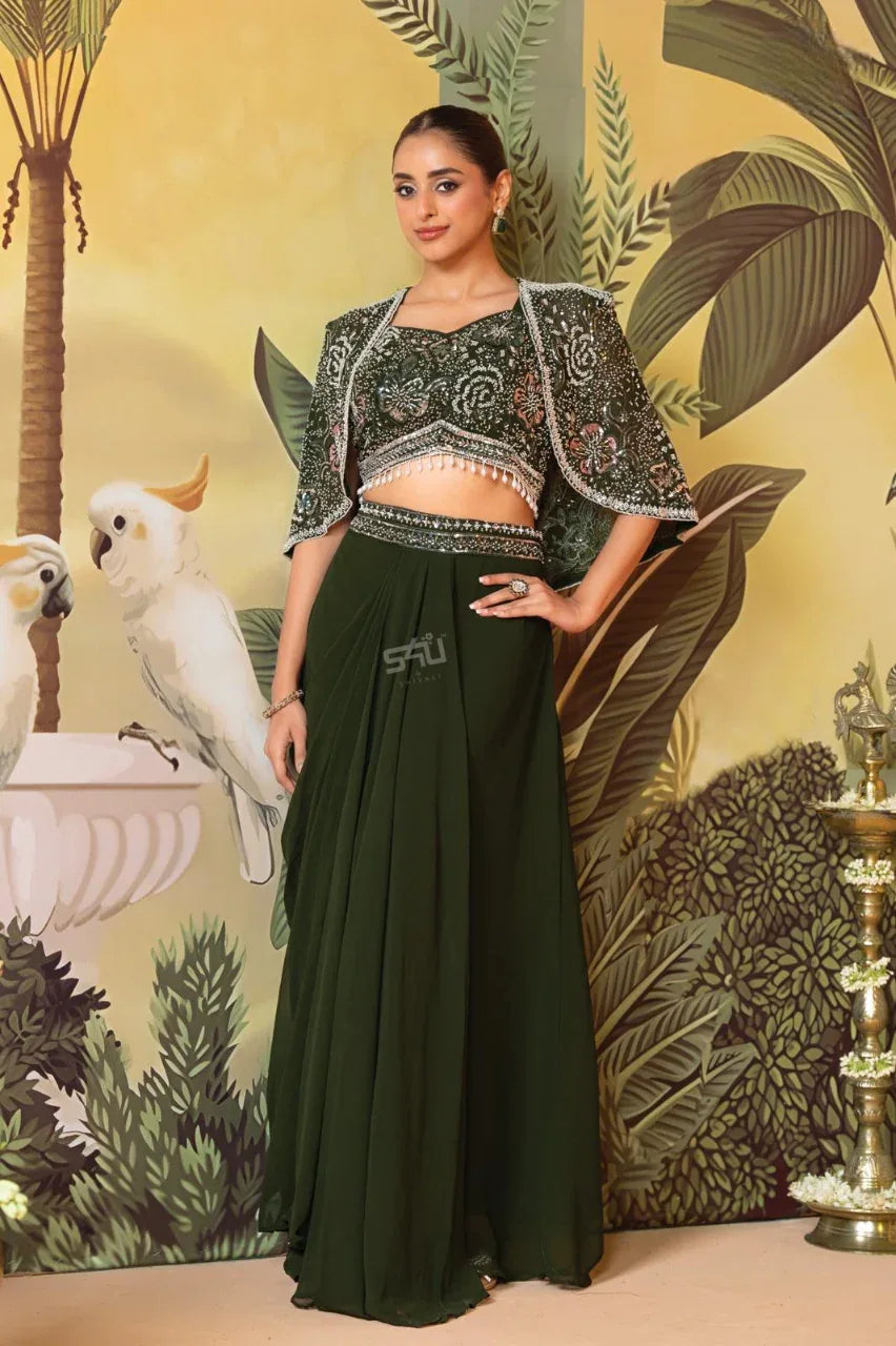 Emerald Green Embroidered Lehenga Set - MishUUU