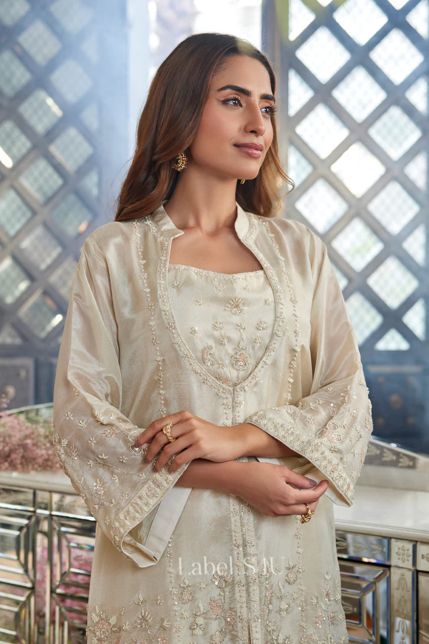 Champagne Beige Straight Palazzo Set with Handcrafted Detailing | Label S4U