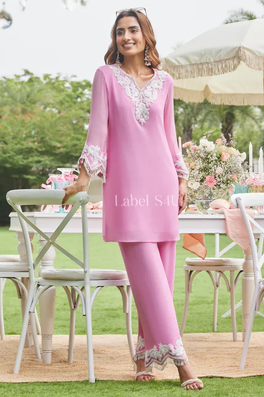 Baby Pink Kurta Pant Set with White Detailing | Label S4U - MishUUU