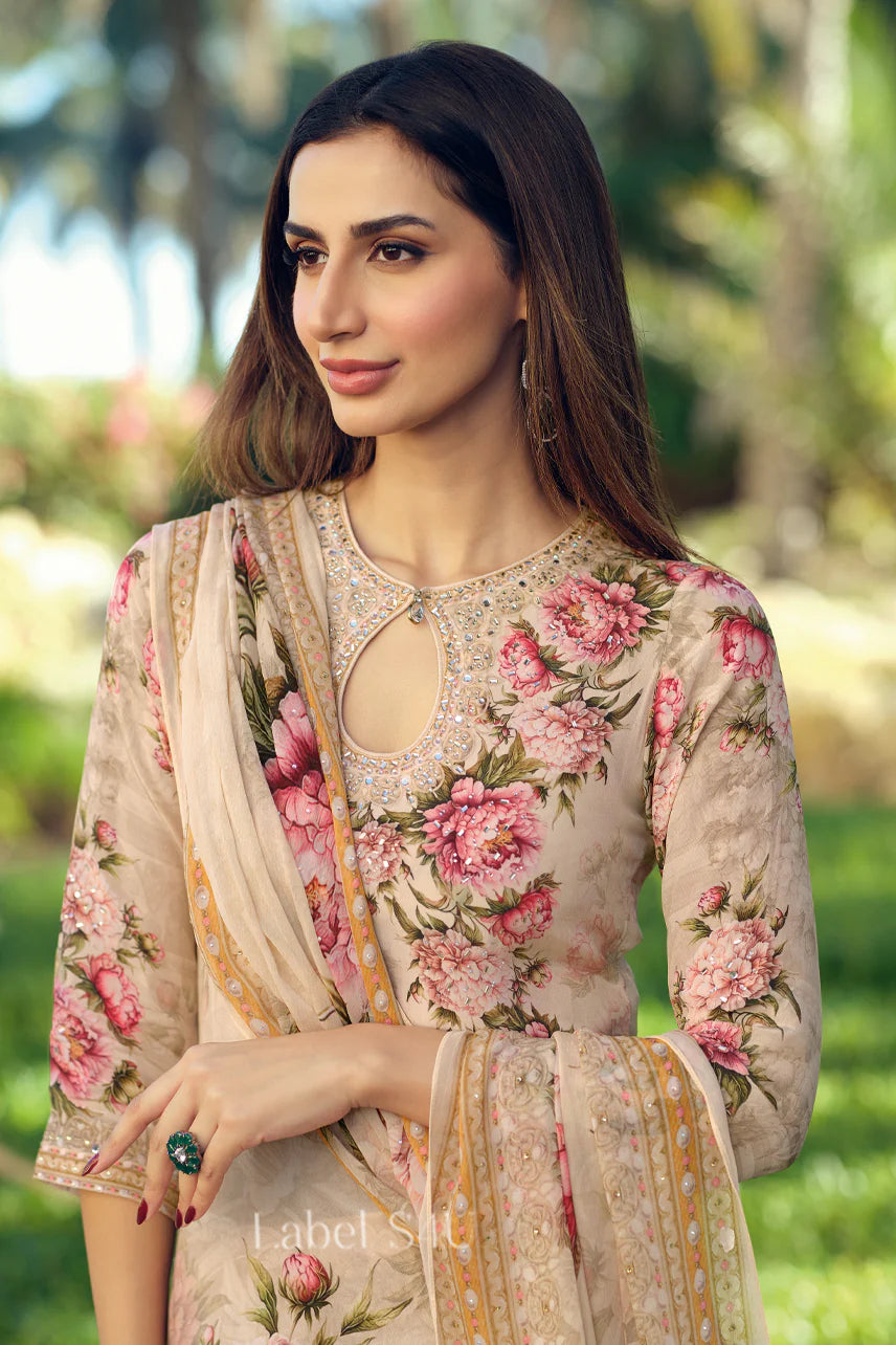 Cream Floral Print Sharara Suit