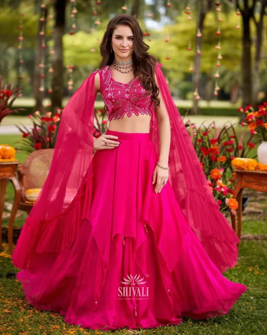 Hot Pink Statement Lehenga with Cape Dupatta - MishUUU