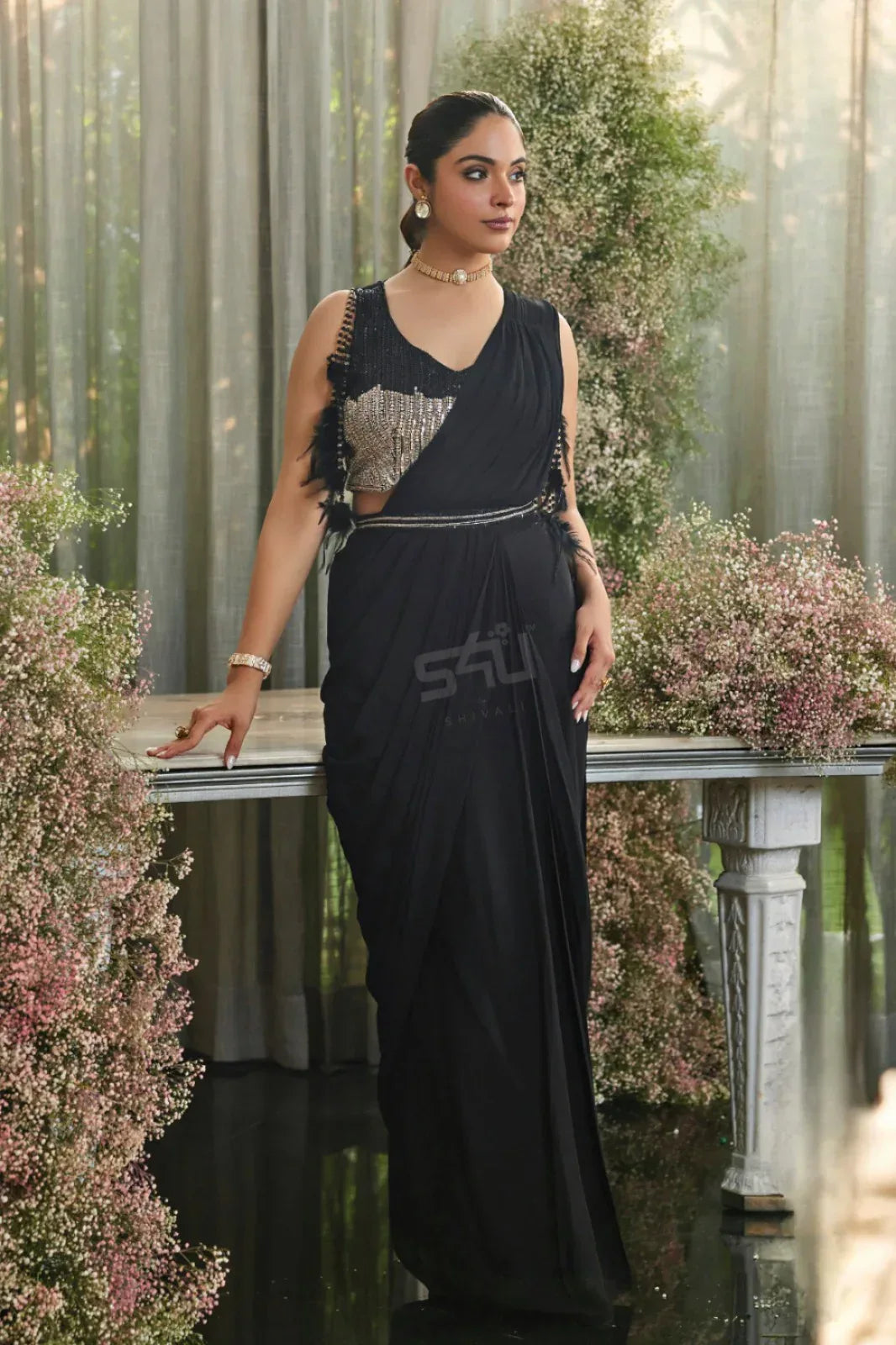 Black Draped Saree with Statement Sequin Blouse and Side Tassels | Label S4U - MishUUU