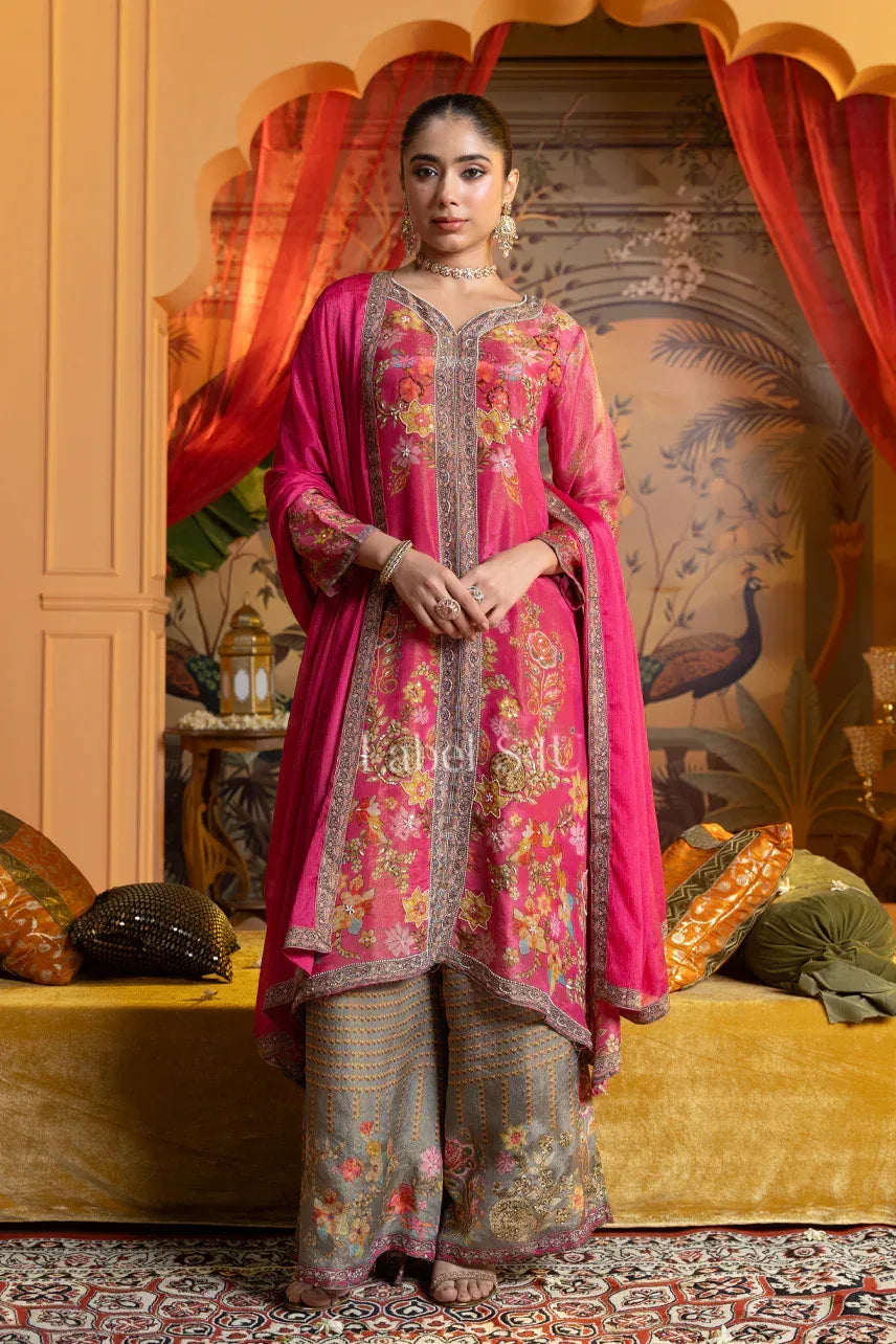 Fuchsia Pink Floral Printed Suit with Grey Palazzo | Label S4U - MishUUU