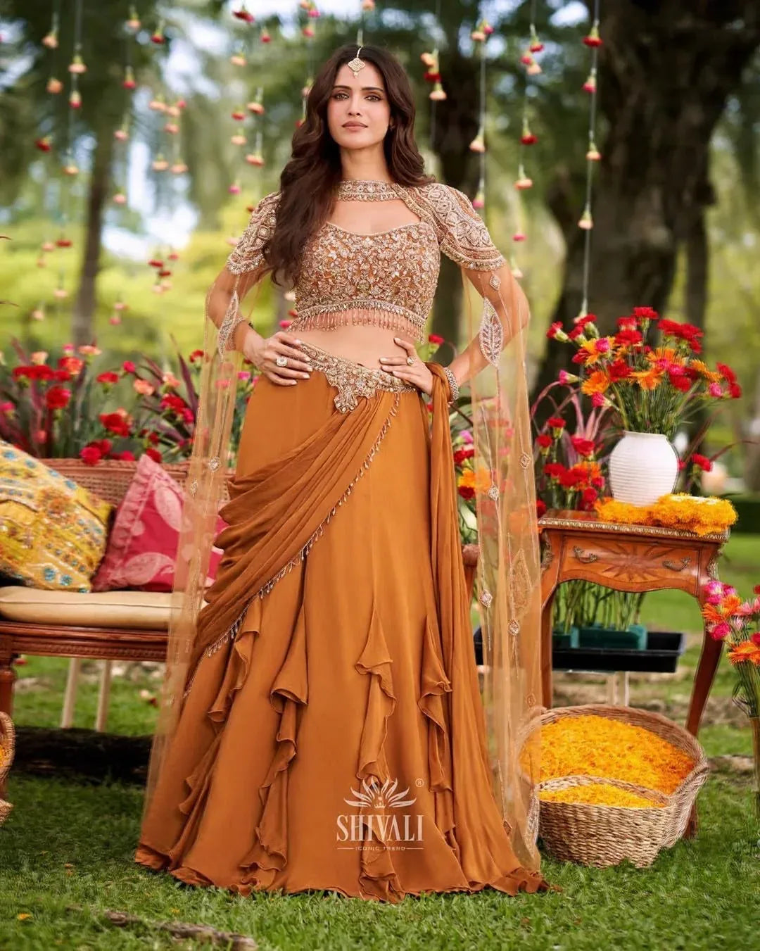 Copper Gold Ruffled Lehenga Set - MishUUU