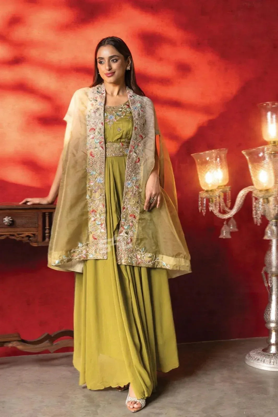 Olive Green gown with Embroidered cape | Label S4 - MishUUU