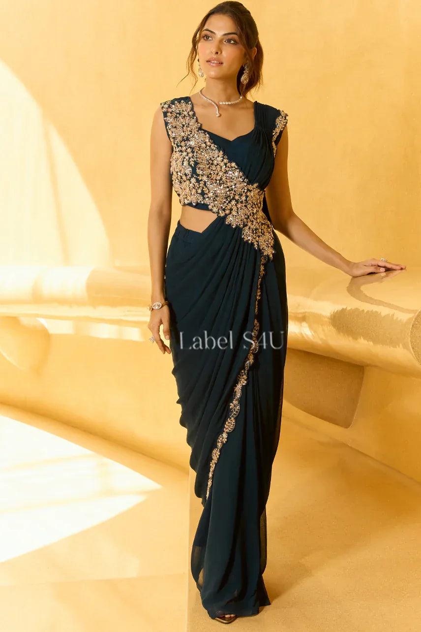 Midnight Blue Handcrafted Drape Saree Gown | Label S4U - MishUUU