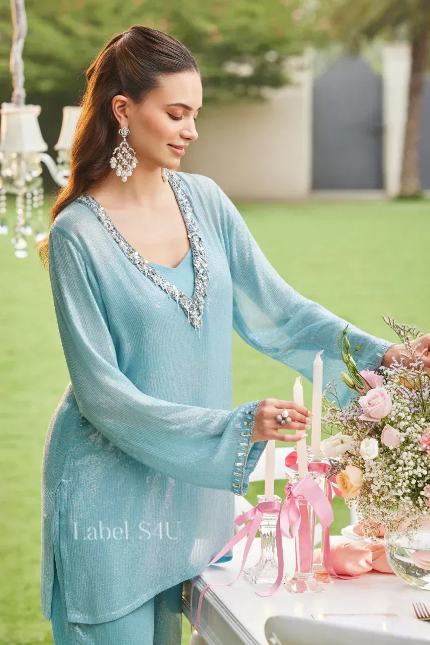 Icy Blue Handcrafted Straight Pant Set with Mirror Work Neckline – Elegant Festive & Party Wear |Label S4U - MishUUU
