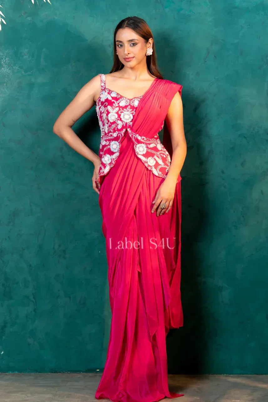 Hot Pink Pre-Stitched Saree Gown with Handcrafted Bodice| Label S4U - MishUUU