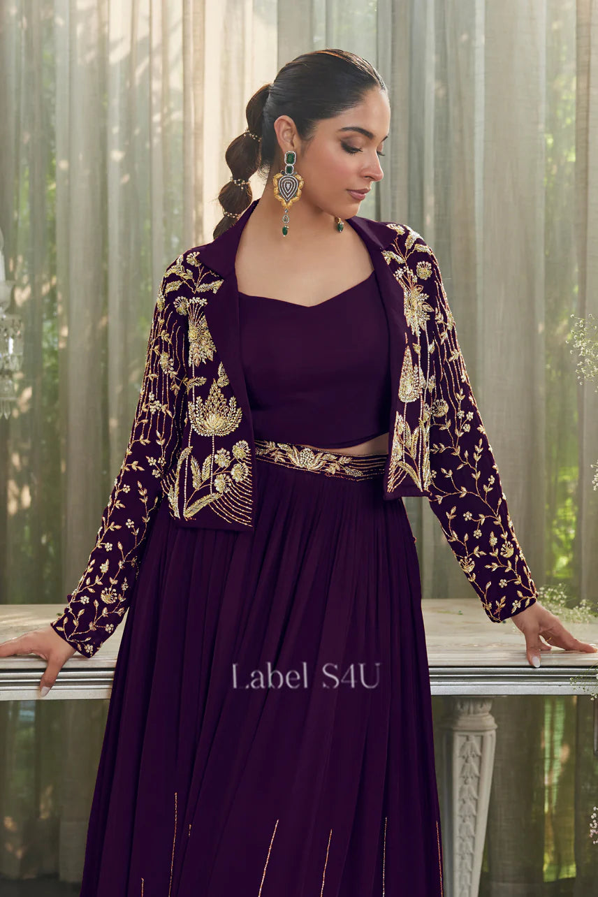 Plum Purple Jacket Set with Gold Handcrafted Embroidery, Blouse, and Skirt | Label S4U