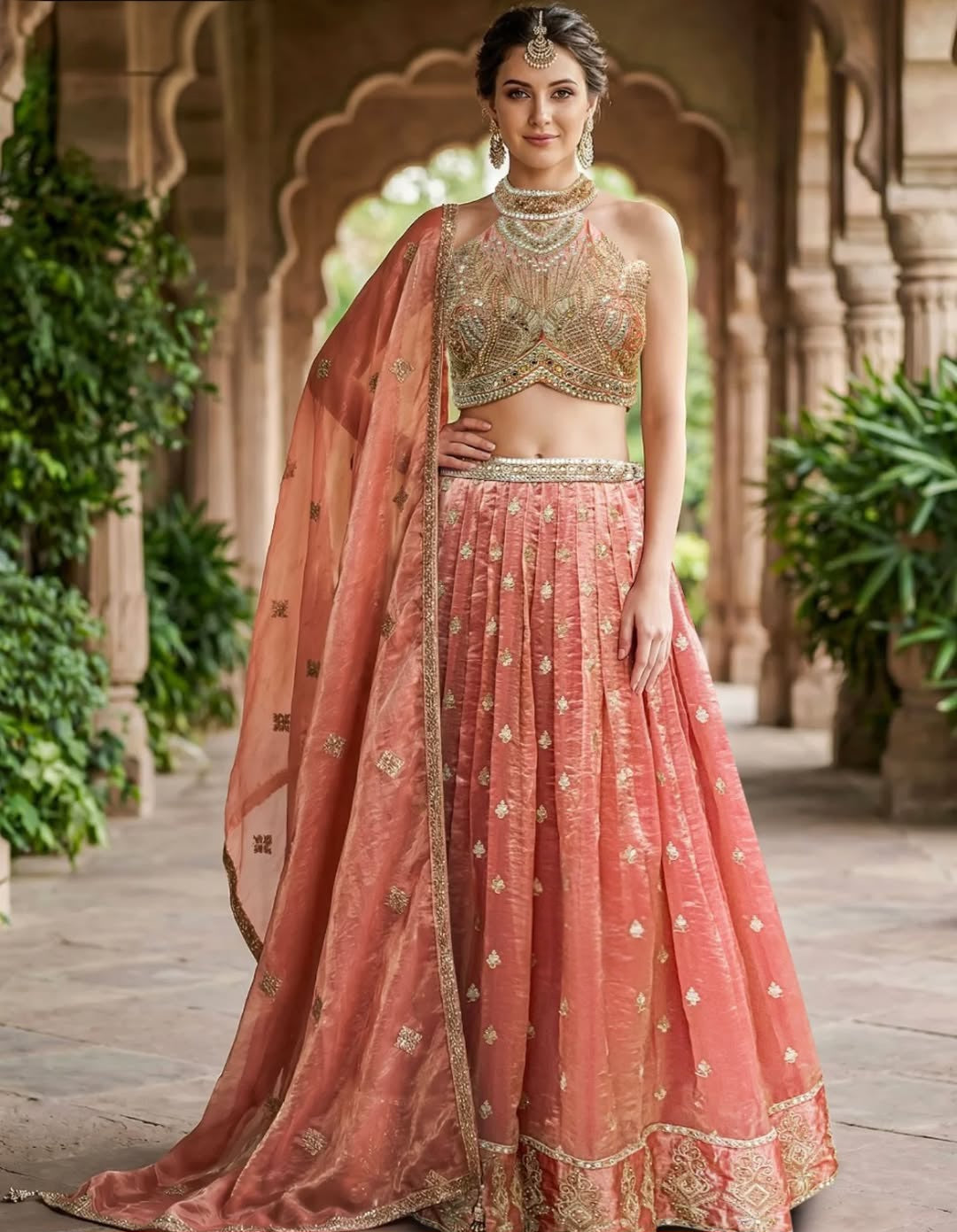 Coral Zari Embroidered Lehenga Regal Set
