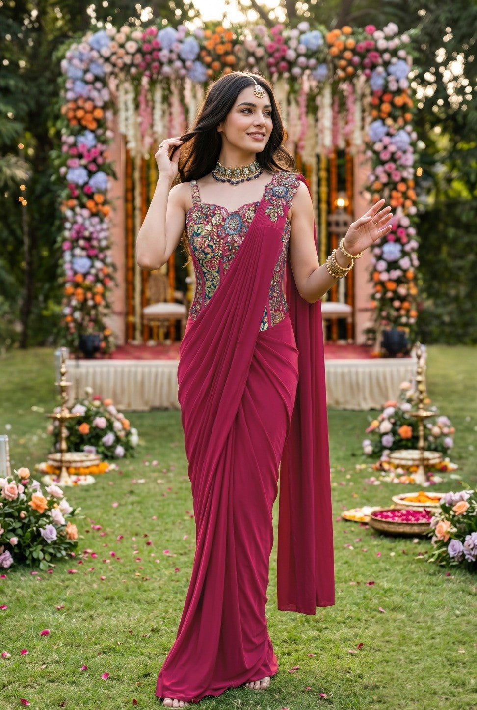 Fuchsia Jewel Pre-Draped Saree Set