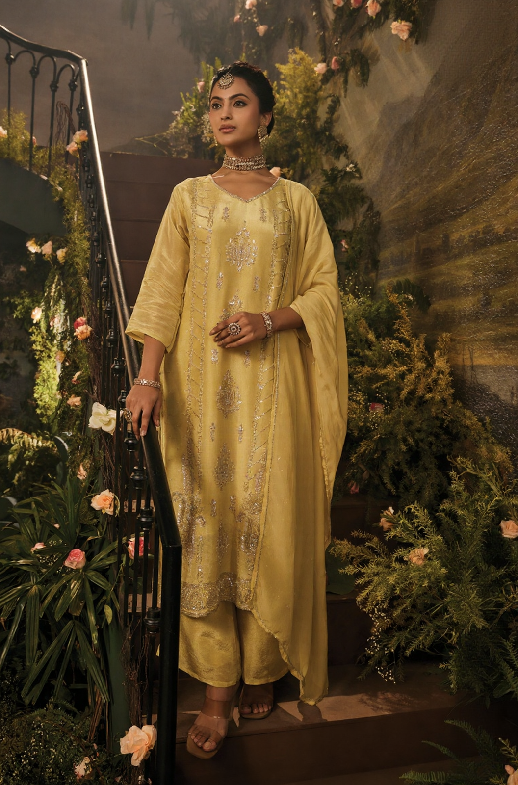 Mustard Zari Luxe Kurta Palazzo Set
