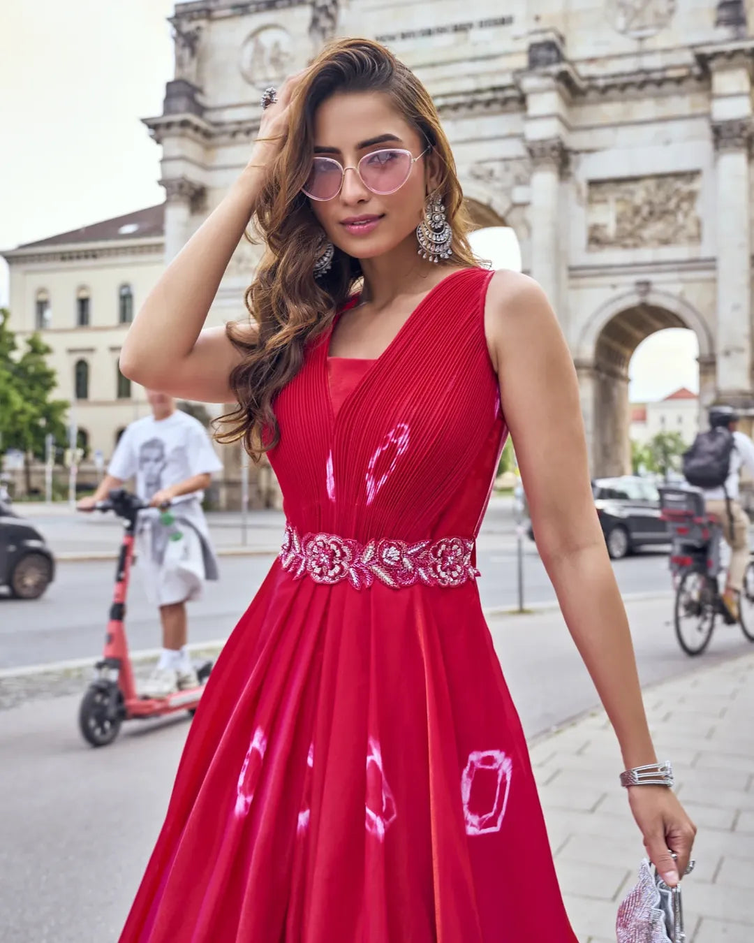 Red Tie-Dye Flared Gown