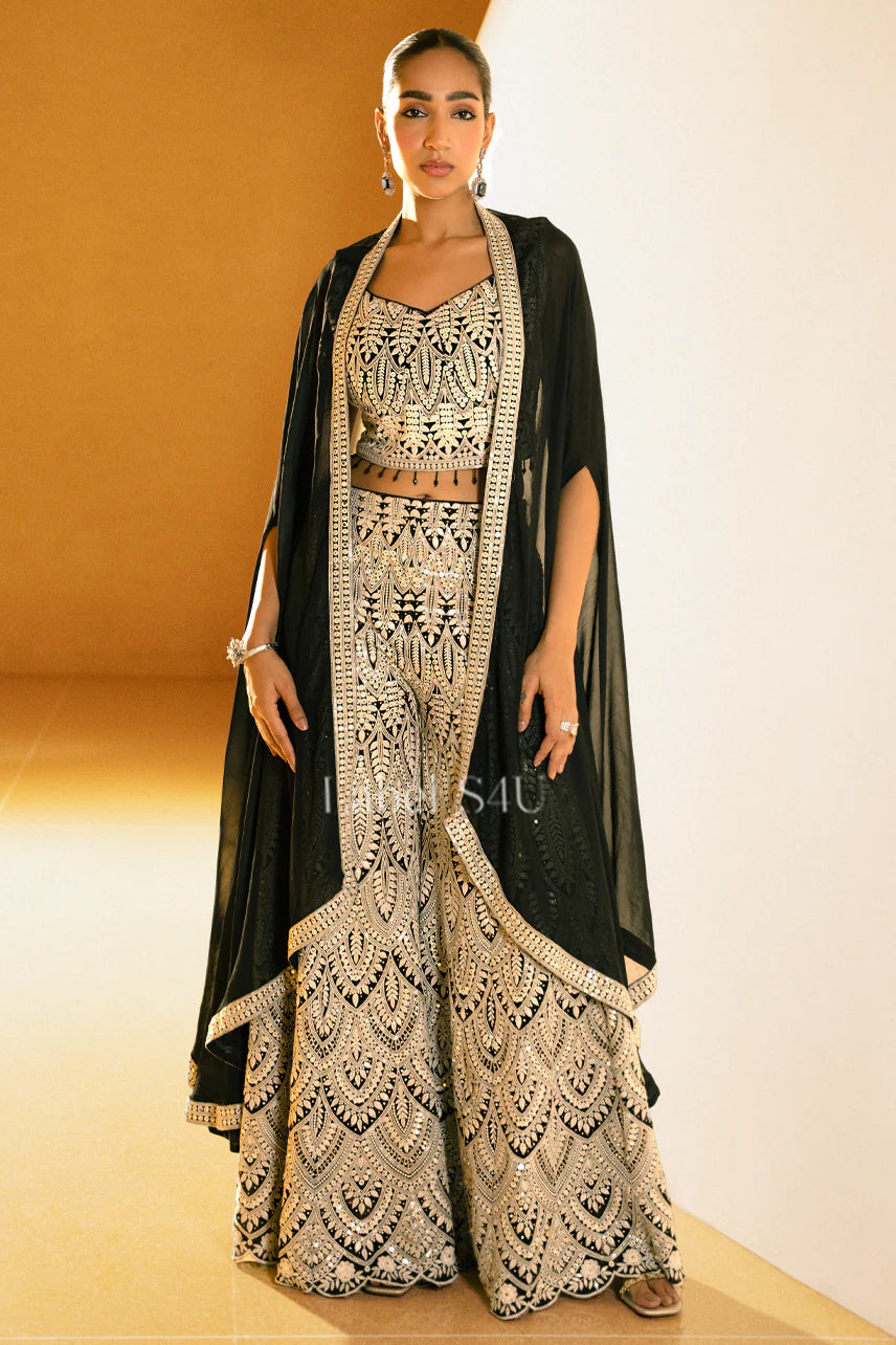 Black & Beige Handcrafted Palazzo Cape Set | Label S4U