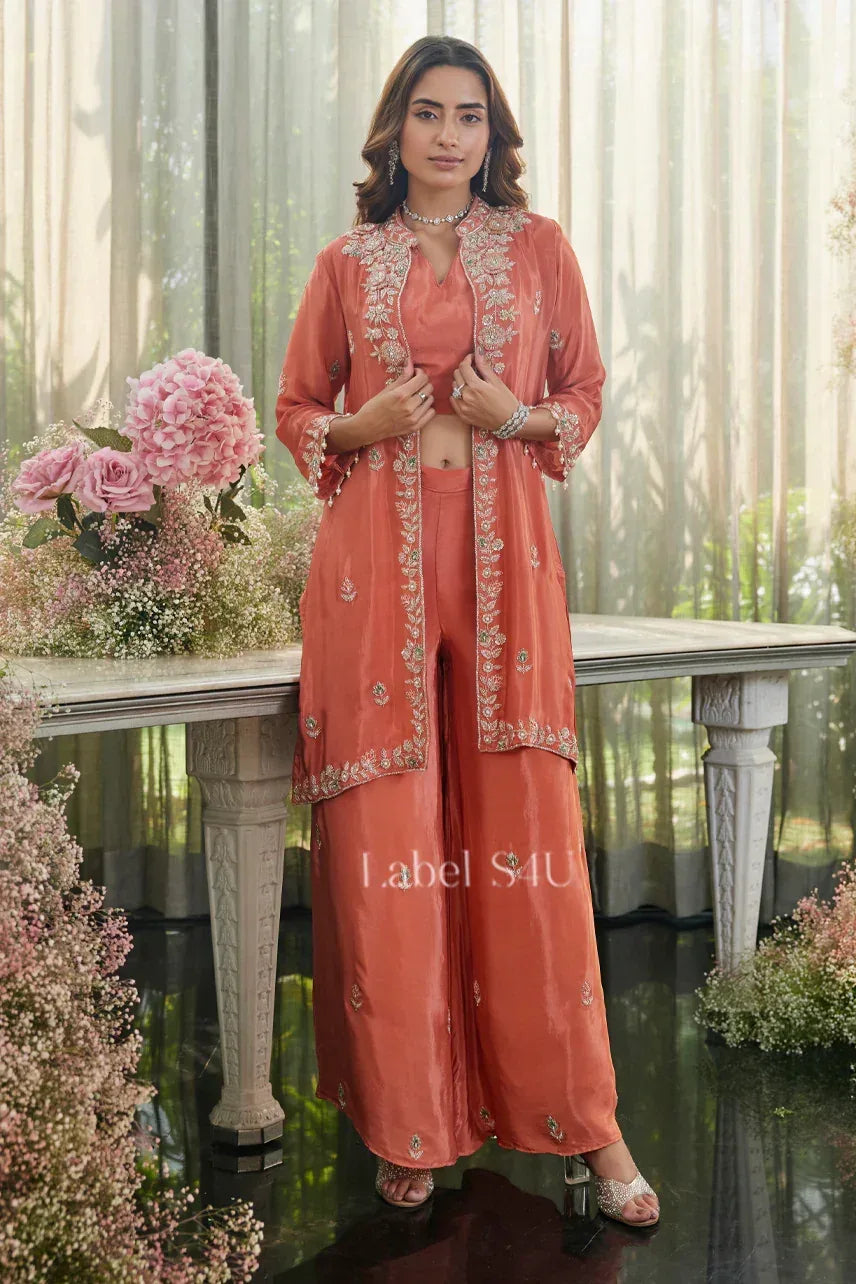 Coral Peach Palazzo with Handcrafted Long Jacket | Label S4U - MishUUU