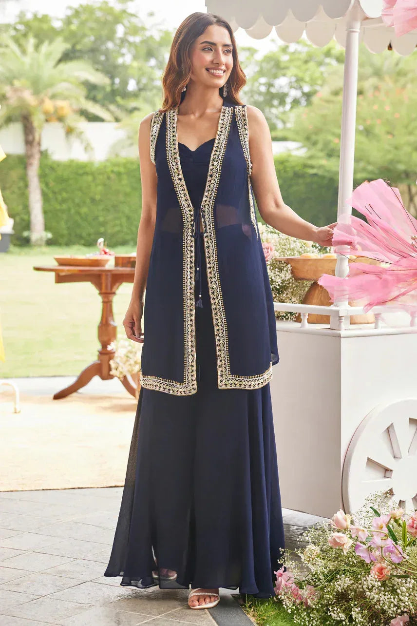 Navy Blue Palazzo Set with Handcrafted Mirror Work Long Jacket – Lightweight Festive & Mehendi Wear |Label S4U - MishUUU