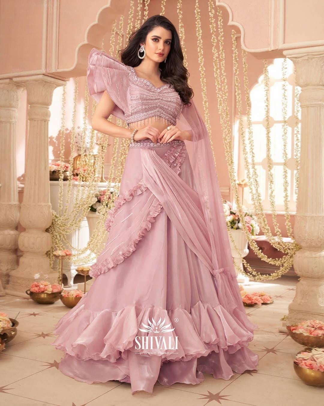 Lavender Ruffle Lehenga with Handcrafted Blouse & Dupatta