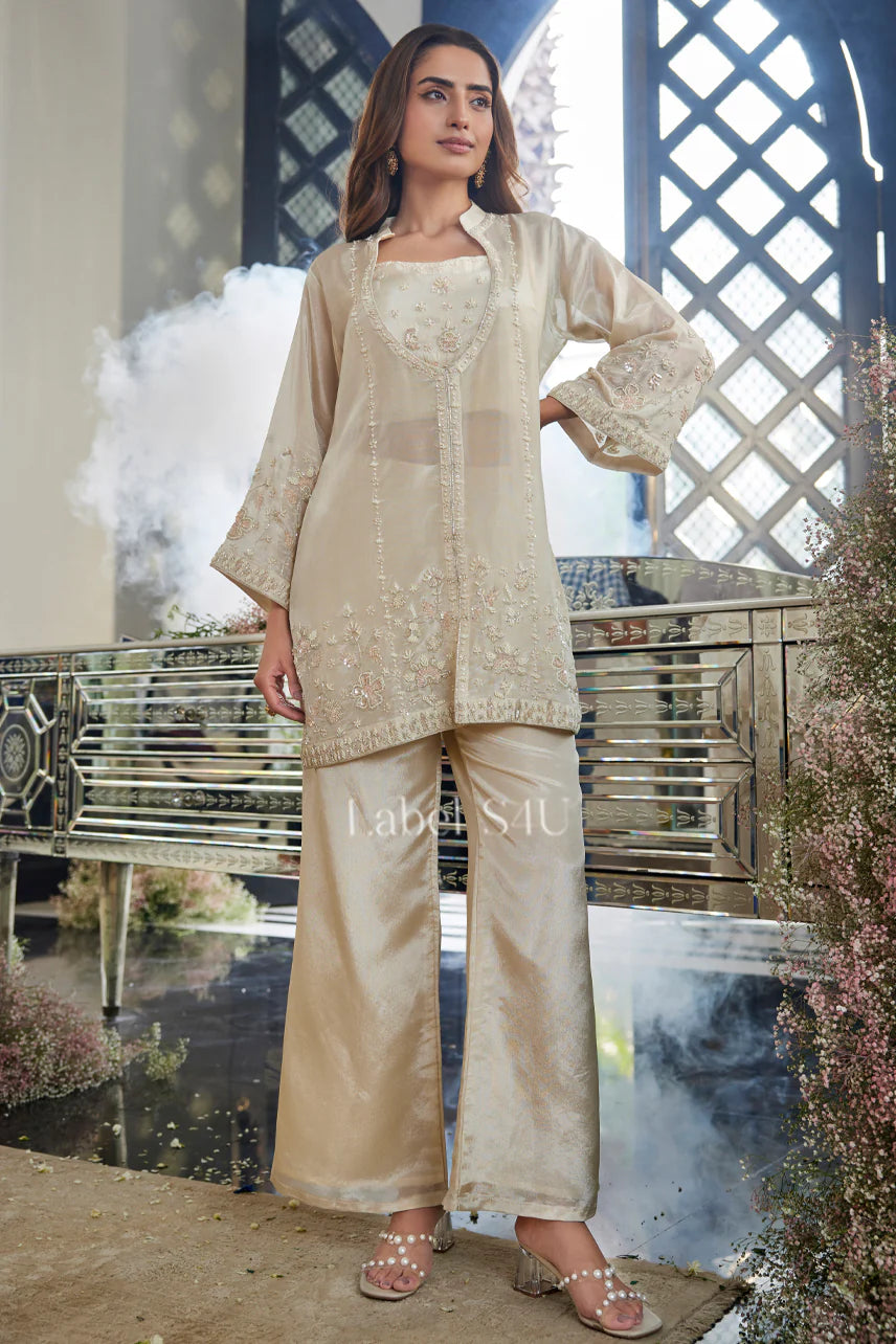Champagne Beige Straight Palazzo Set with Handcrafted Detailing | Label S4U