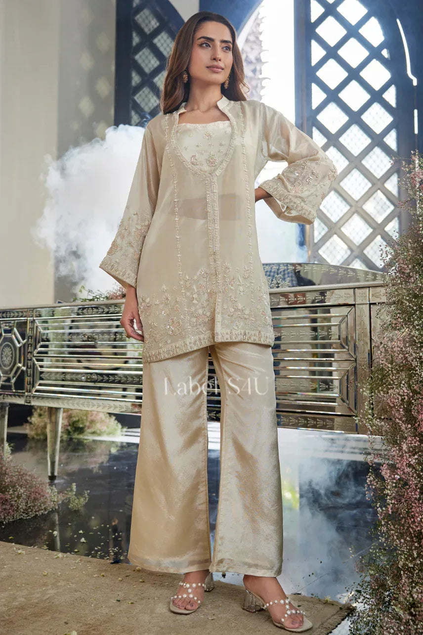 Champagne Beige Straight Palazzo Set with Handcrafted Detailing | Label S4U - MishUUU