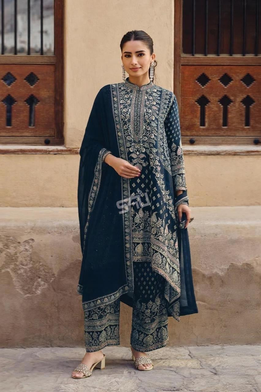 Navy Blue Printed Suit Set