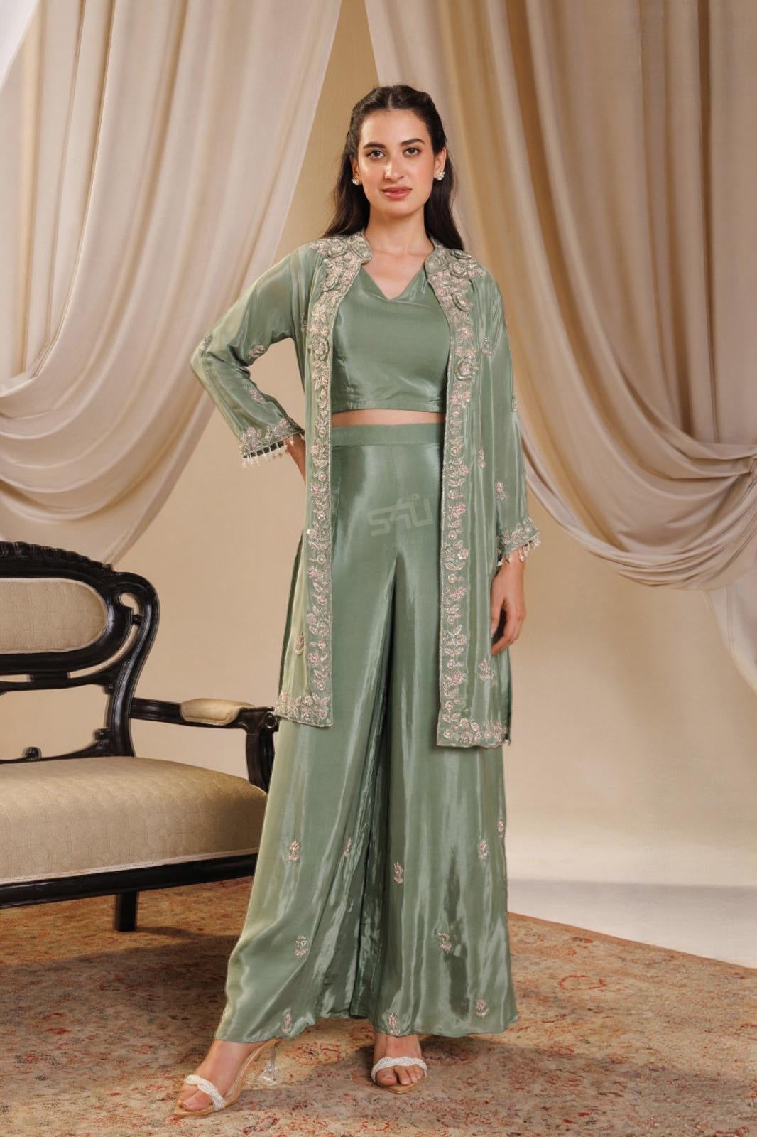 Sage Green Palazzo Suit with Jacket | Label S4U