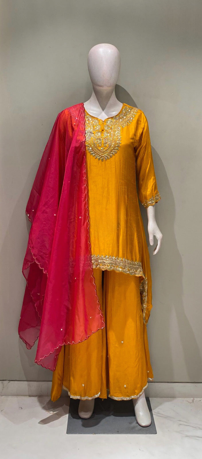 Golden and Pink Embroidered Sharara Set