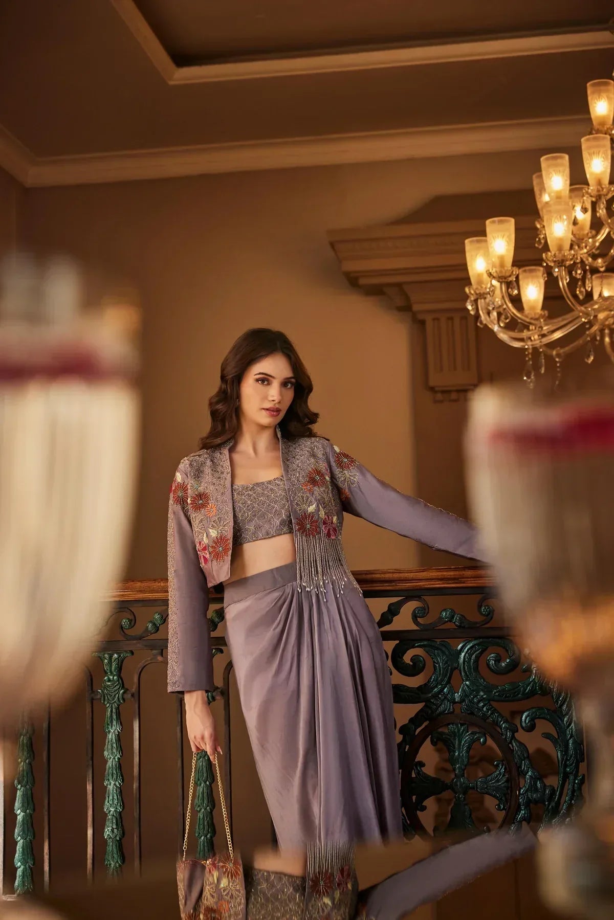 Lilac Indo-Western Saree Set with Embellished Jacket |Label S4U - MishUUU