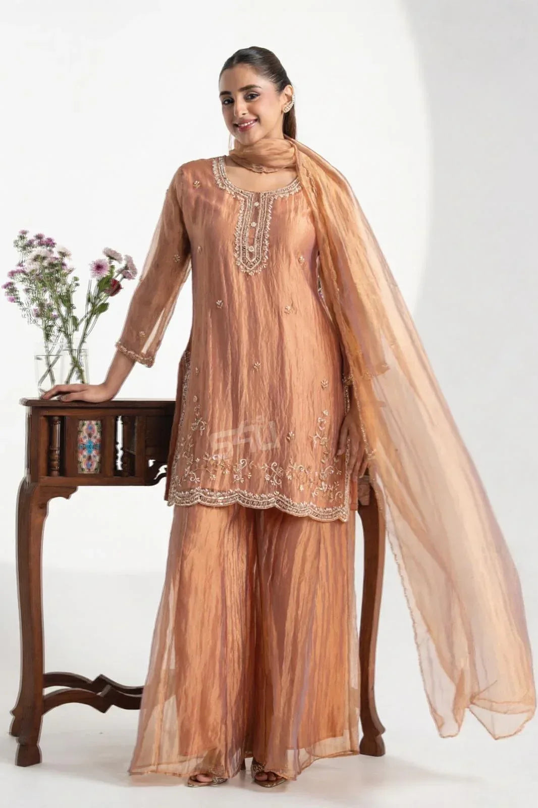 Bronze Crinkle Kurta Sharara Set | Label S4U - MishUUU