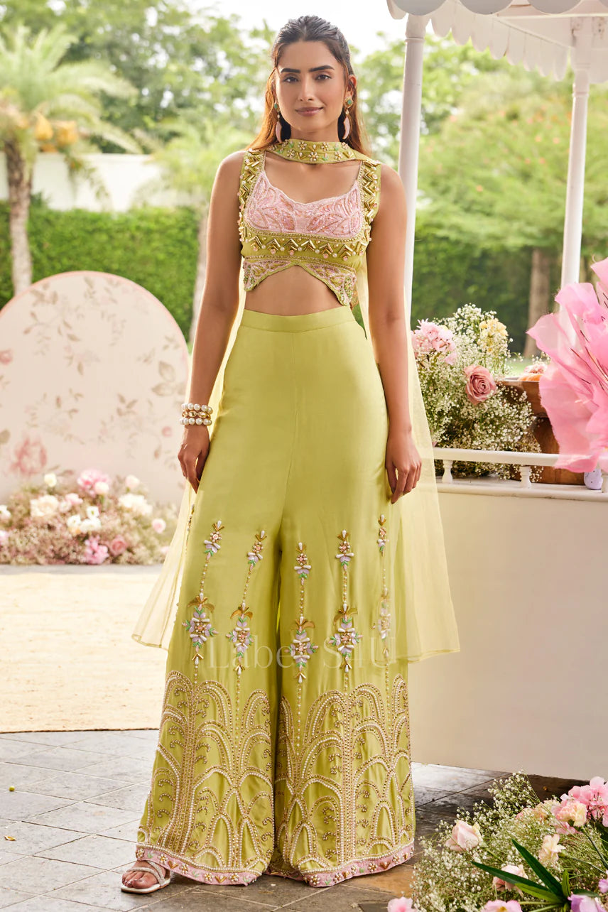 Lime Green Handcrafted Palazzo Set with Statement Crop Top |Label S4U