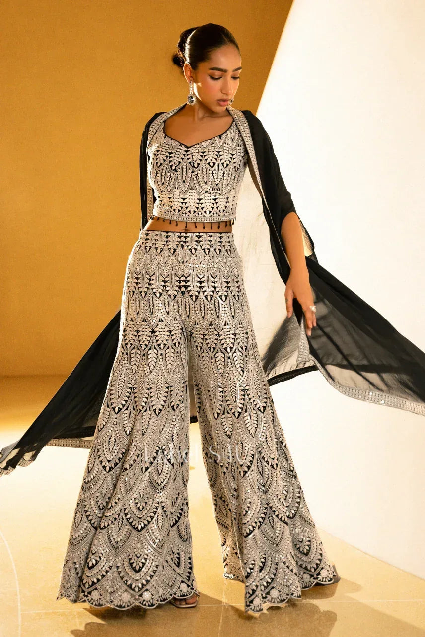 Black & Beige Handcrafted Palazzo Cape Set | Label S4U - MishUUU