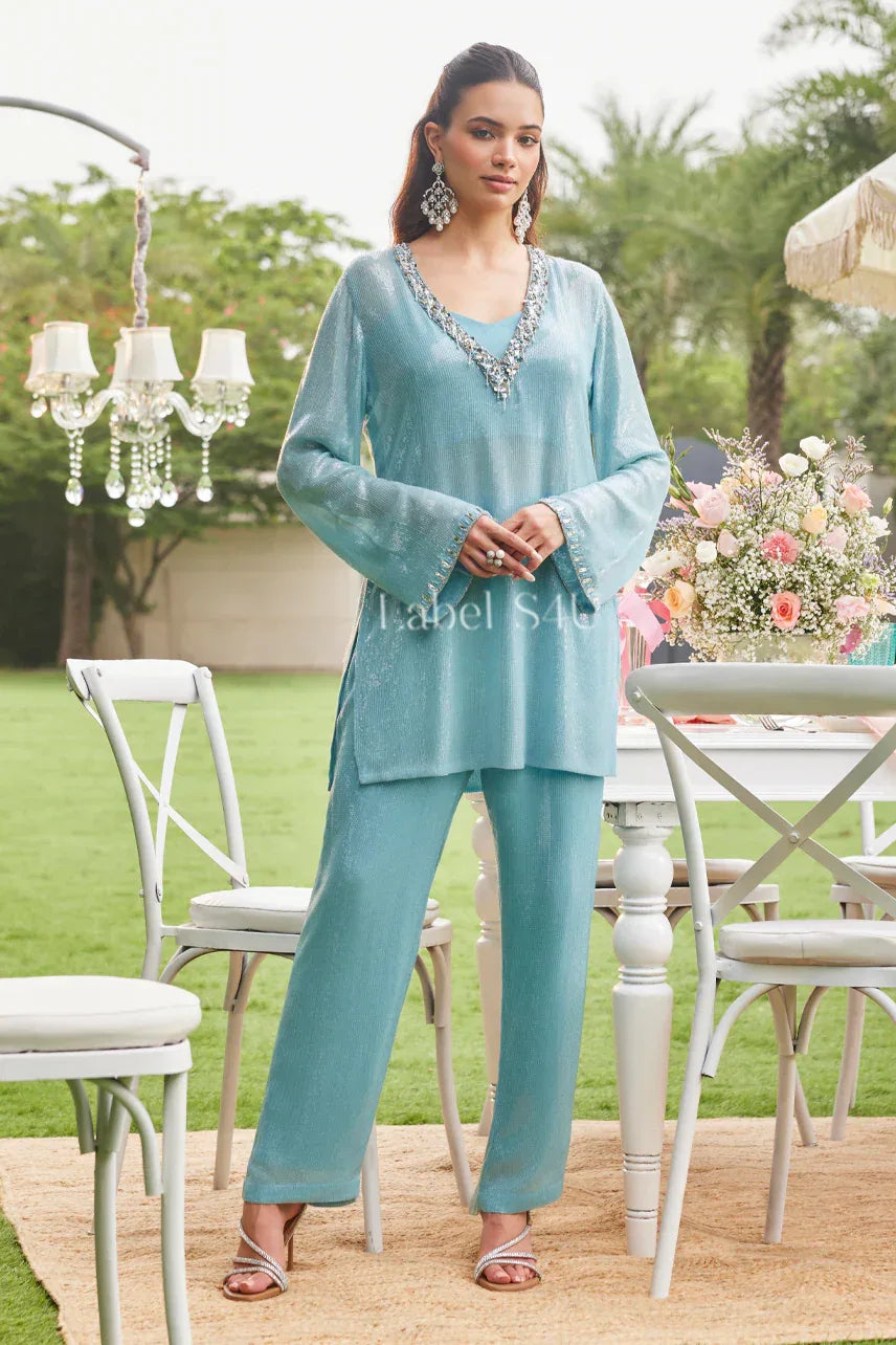 Icy Blue Handcrafted Straight Pant Set with Mirror Work Neckline – Elegant Festive & Party Wear |Label S4U - MishUUU