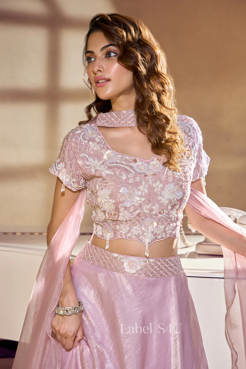 Blush Pink Handcrafted Peplum Lehenga Set | Label S4U