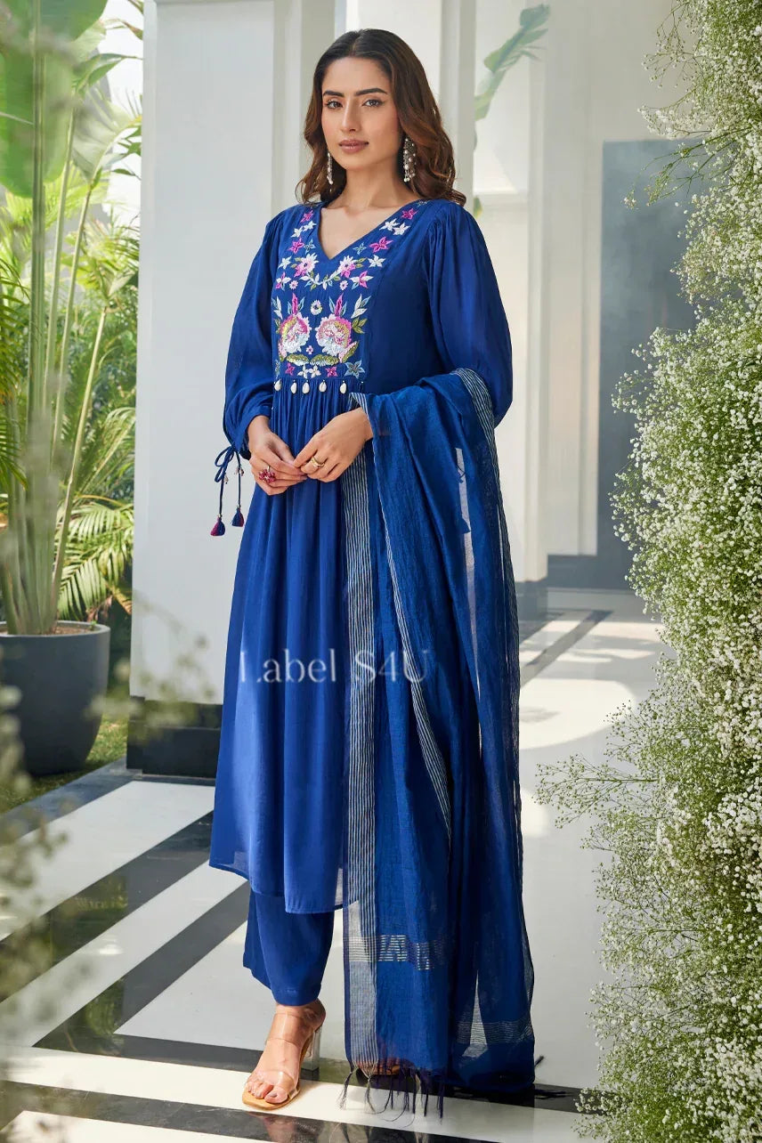 Navy Blue Embroidered Kurta Dupatta Set | Label S4U - MishUUU