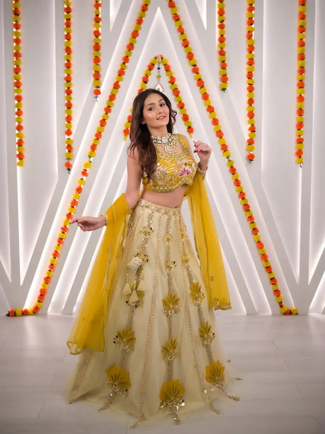 Mustard Yellow Floral Lehenga Set - MishUUU