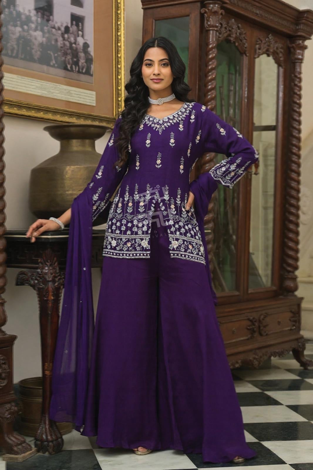 Deep Purple Palazzo Suit with Handcrafted Detailing | Label S4U