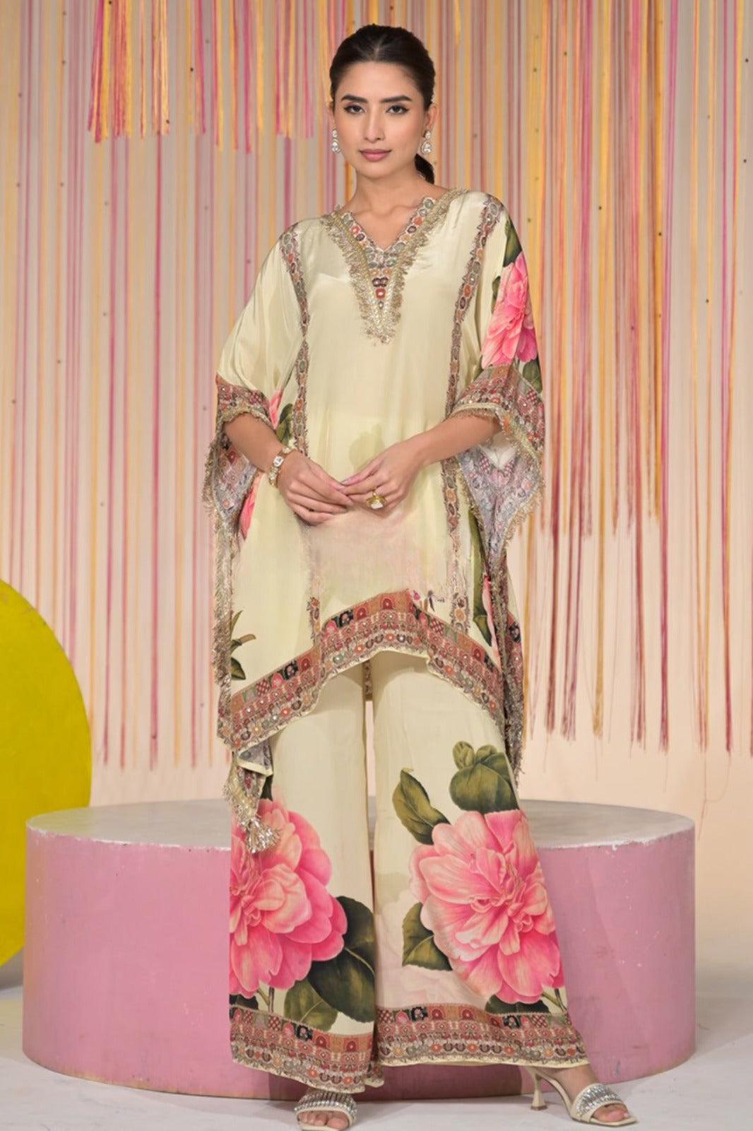 Elegant Pastel Yellow Floral Kaftan