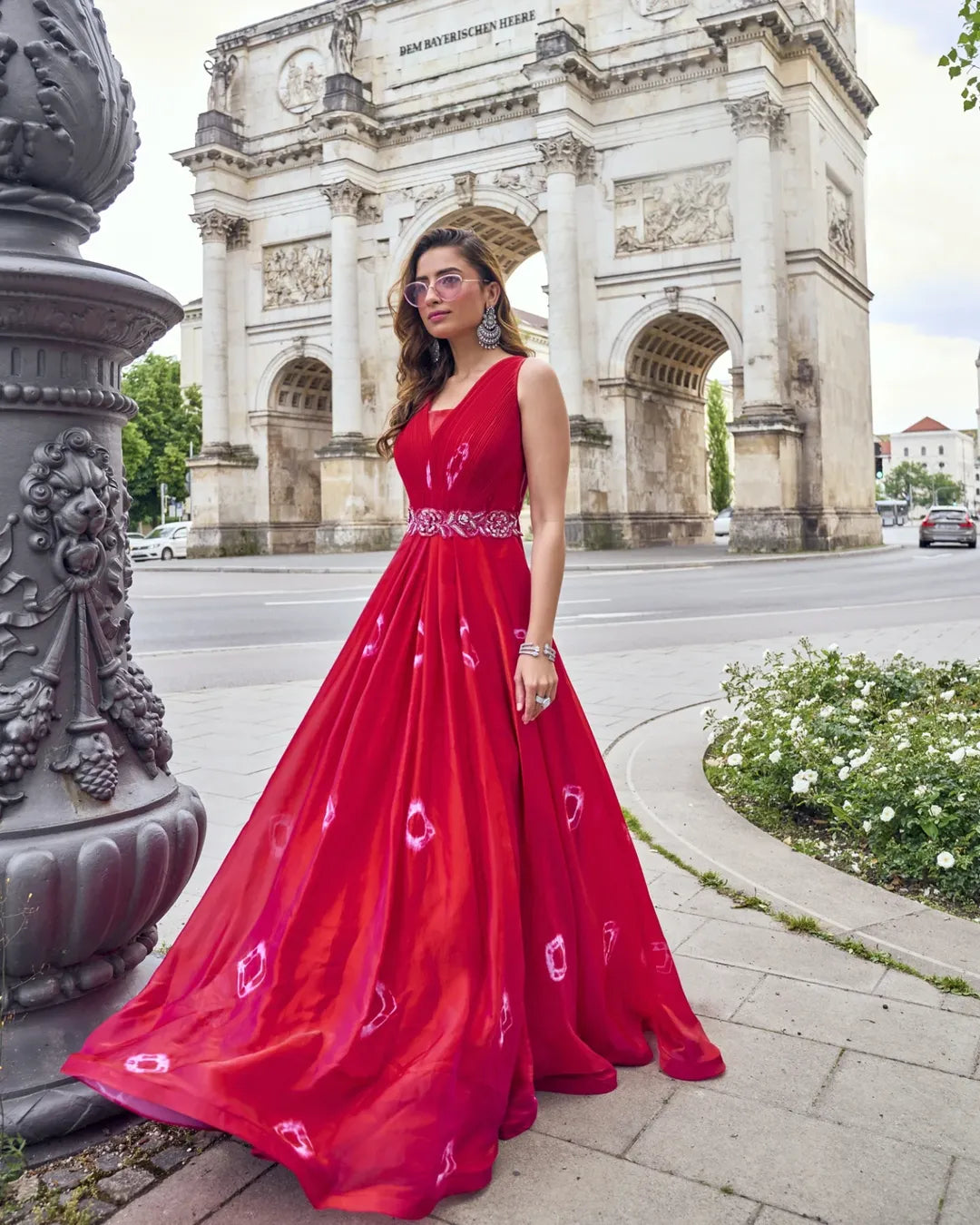 Red Tie-Dye Flared Gown