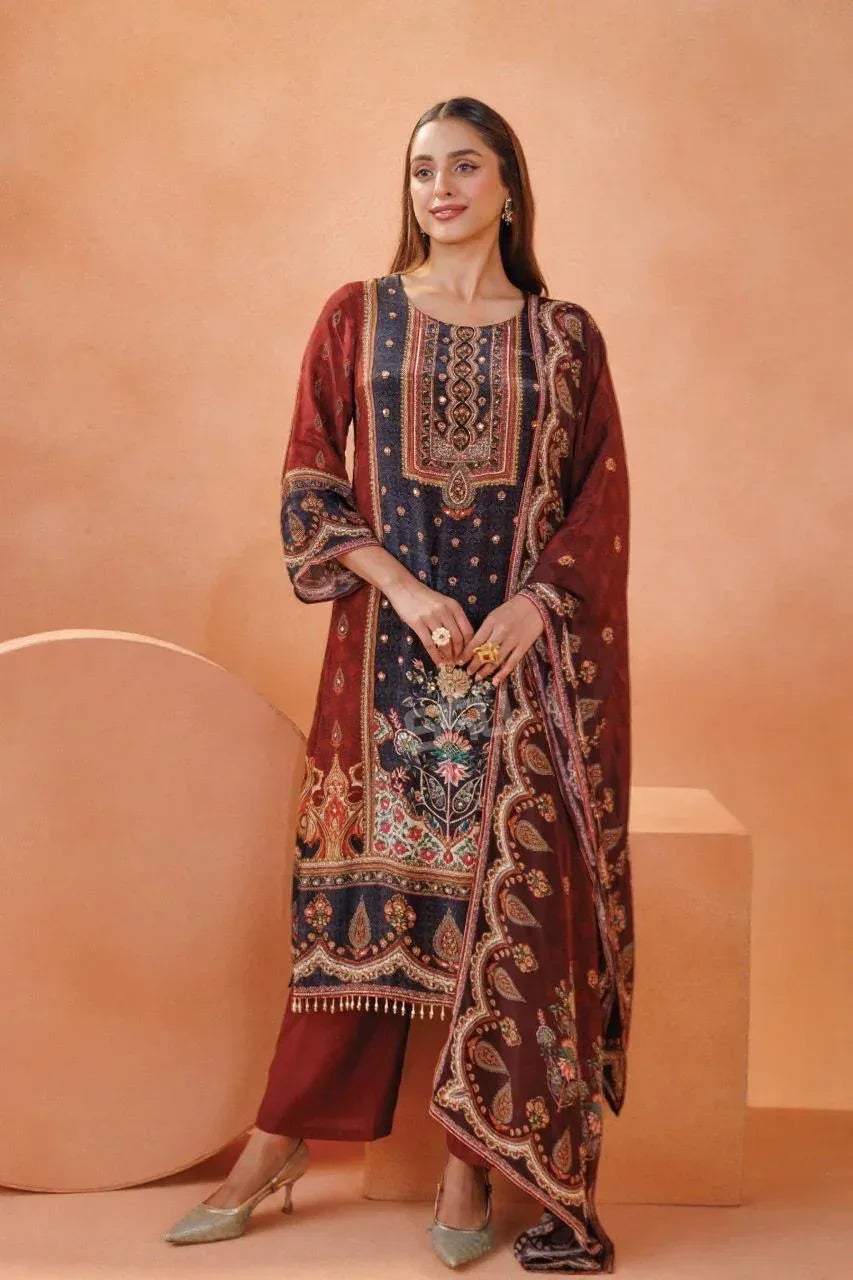Maroon & Black Printed Suit with Dupatta | Label S4U - MishUUU
